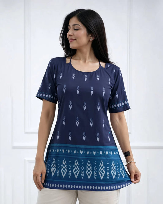 Women’s Navy Blue Printed A-Line Short Kurti