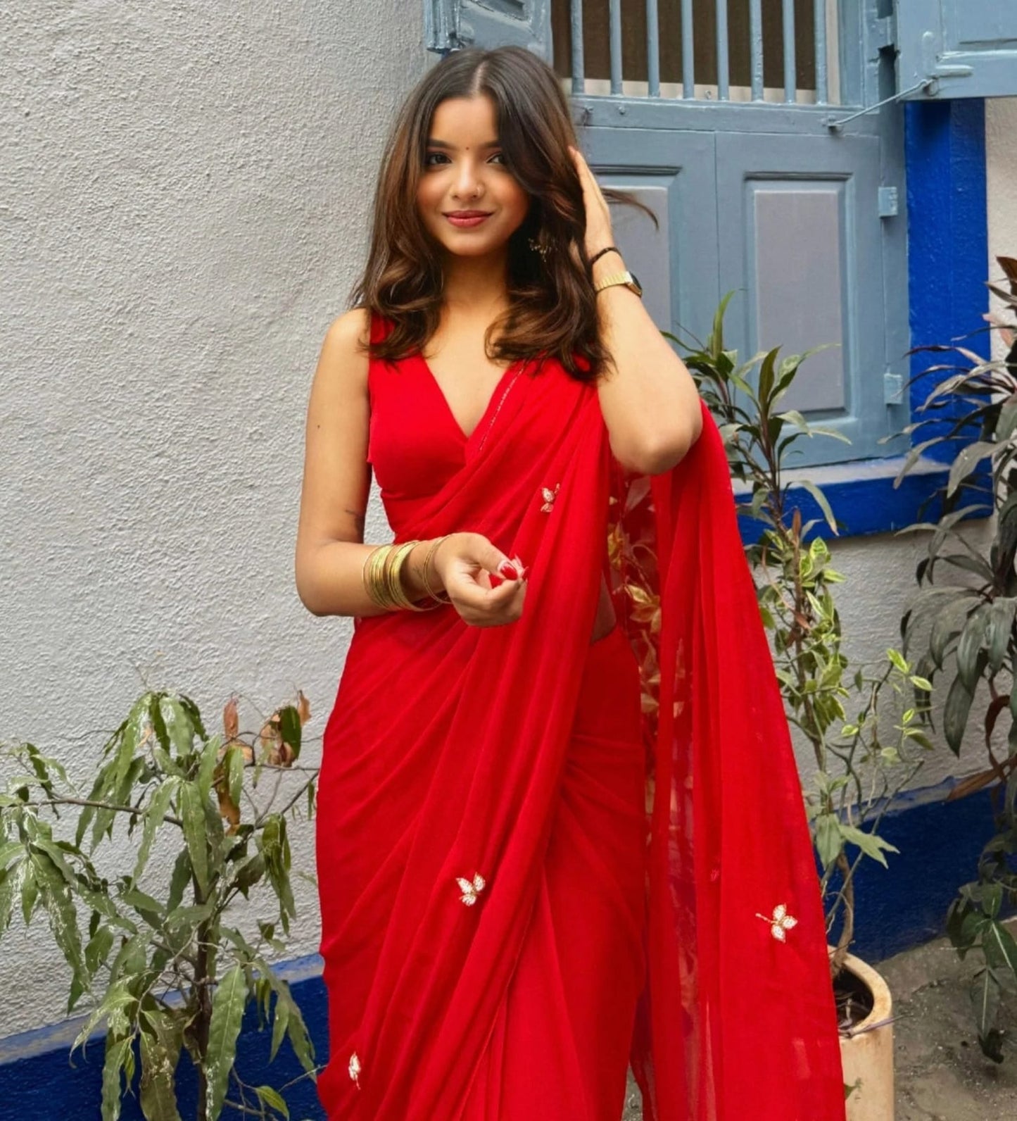 Red Embellished Georgette Saree