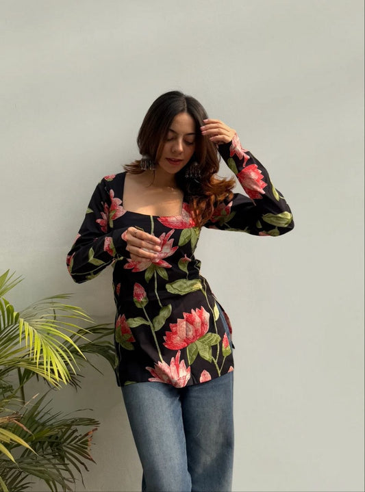 Floral Square Neck Full Sleeve Women’s Top