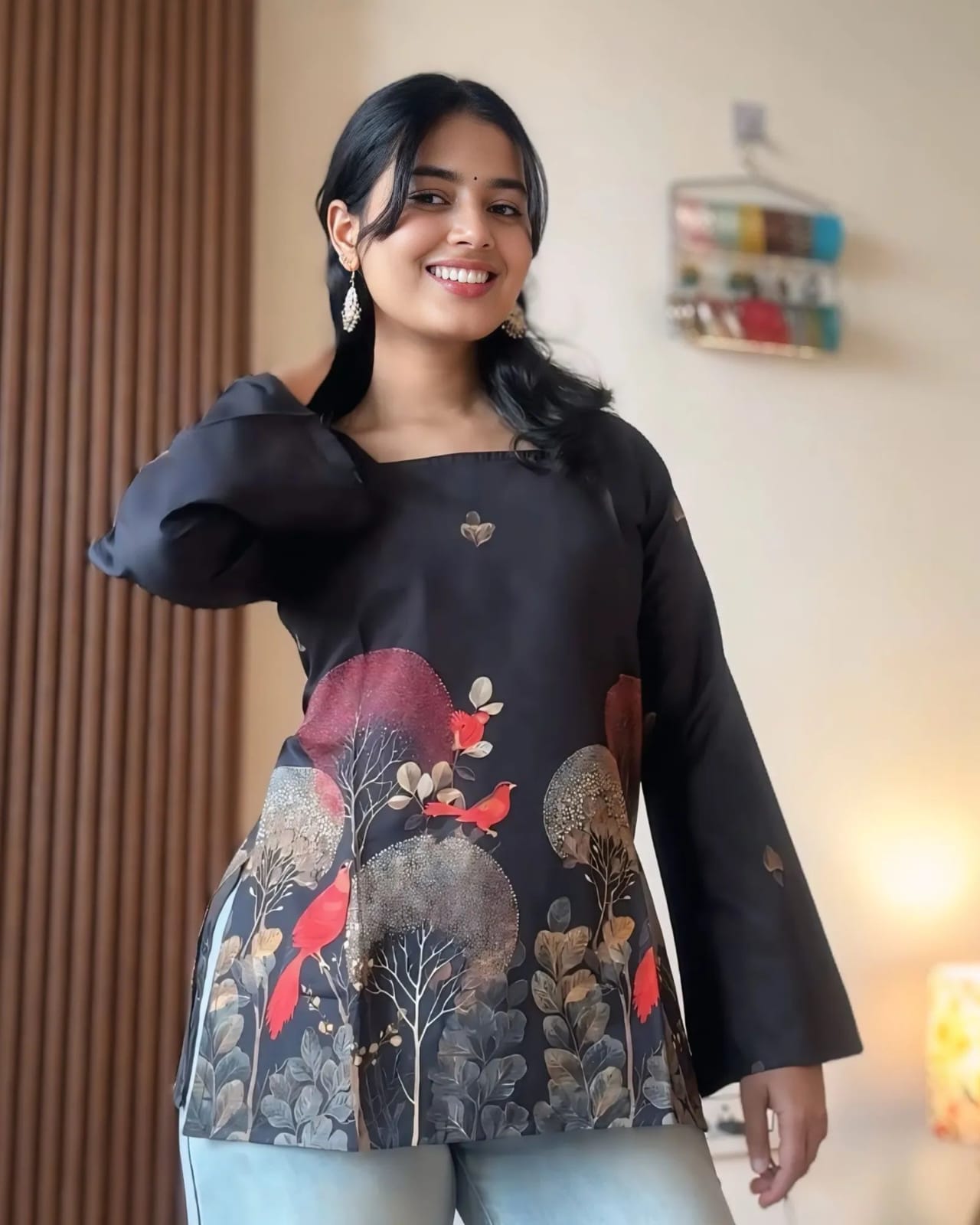 Women’s Black Printed Flared Sleeve Top