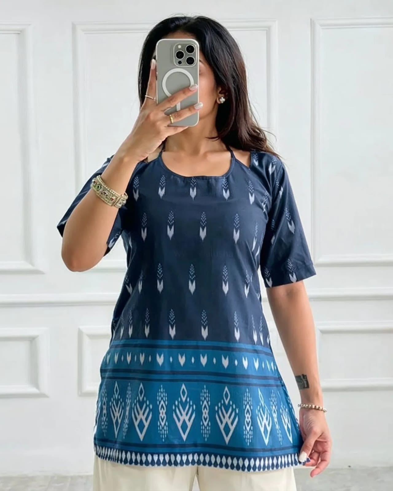 Women’s Navy Blue Printed A-Line Short Kurti