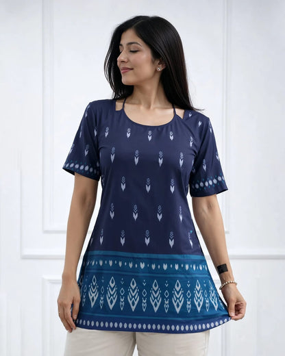 Women’s Navy Blue Printed A-Line Short Kurti