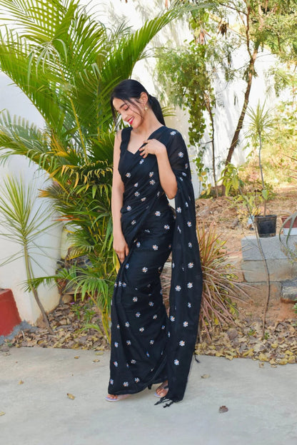 Black Floral Embroidered Printed Saree for Women