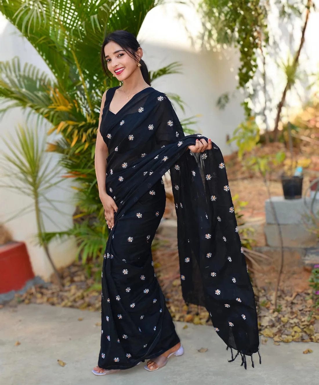 Black Floral Embroidered Printed Saree for Women