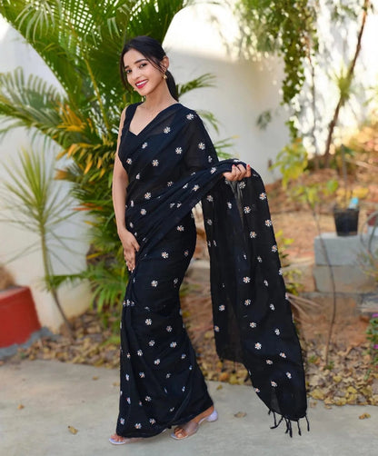 Black Floral Embroidered Printed Saree for Women