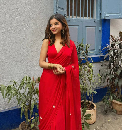 Red Embellished Georgette Saree