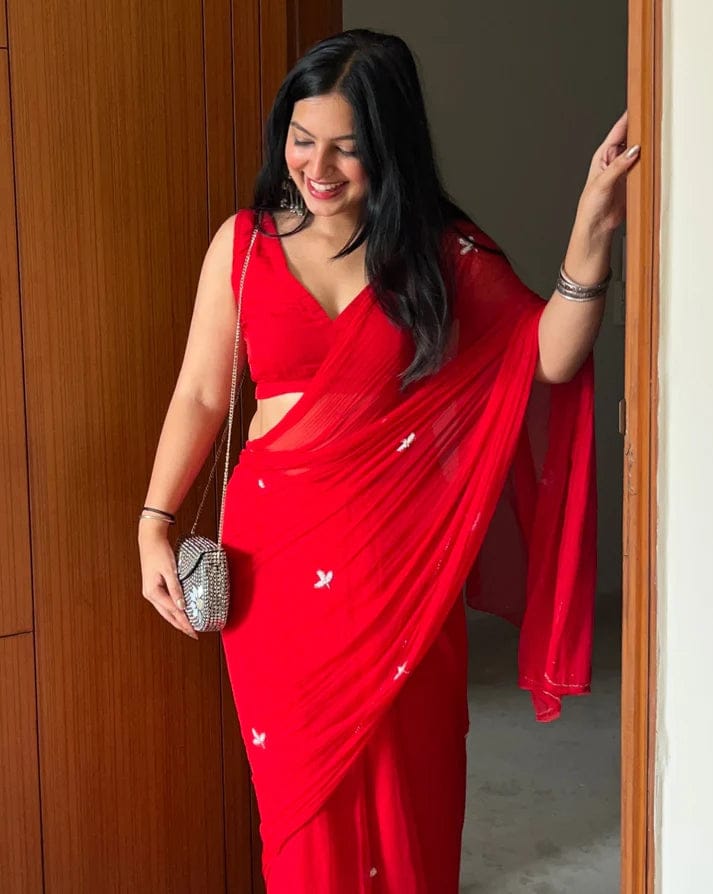 Red Embellished Georgette Saree