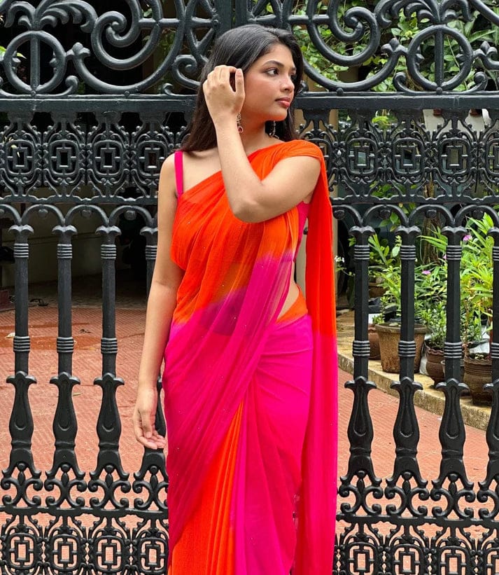 Women’s Ombre Pink & Orange Georgette Saree