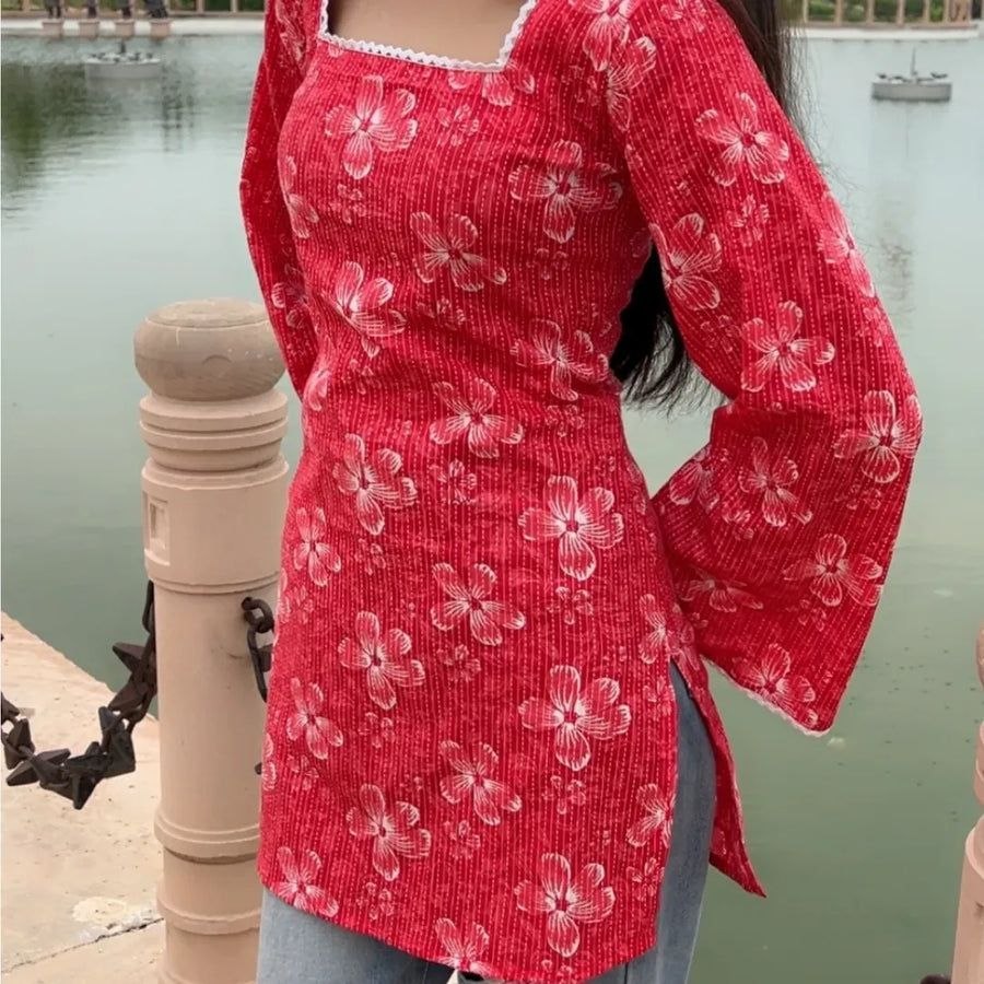 Red Floral Printed Square Neck Full Sleeve Women’s Top