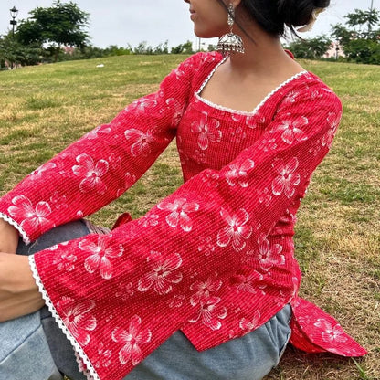Red Floral Printed Square Neck Full Sleeve Women’s Top