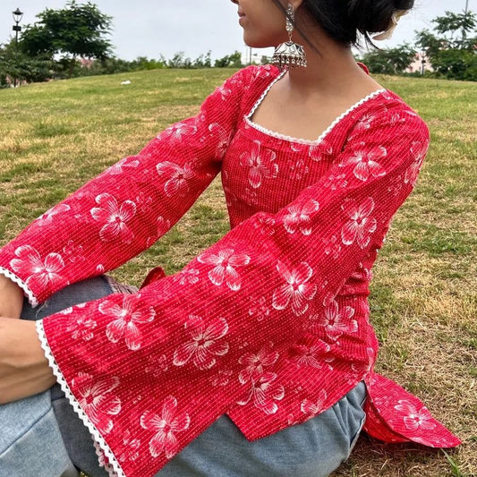 Red Floral Printed Square Neck Full Sleeve Women’s Top