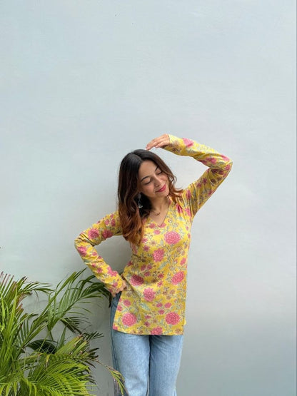 Yellow Floral Printed Full Sleeve Women’s Top