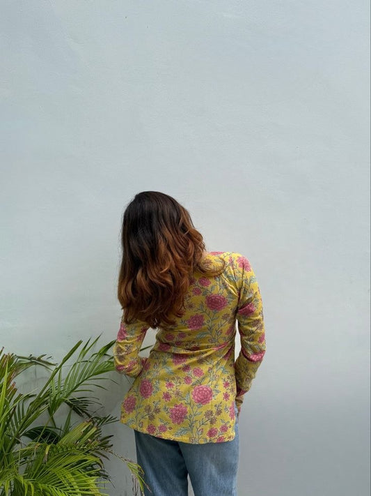 Yellow Floral Printed Full Sleeve Women’s Top