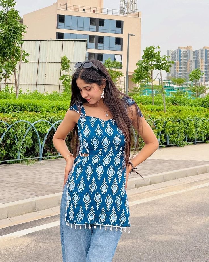 Blue Floral Printed Cotton Blend Top with Shoulder Tie Details