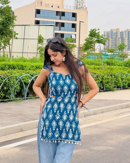Blue Floral Printed Cotton Blend Top with Shoulder Tie Details