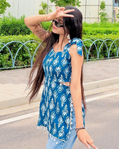 Blue Floral Printed Cotton Blend Top with Shoulder Tie Details