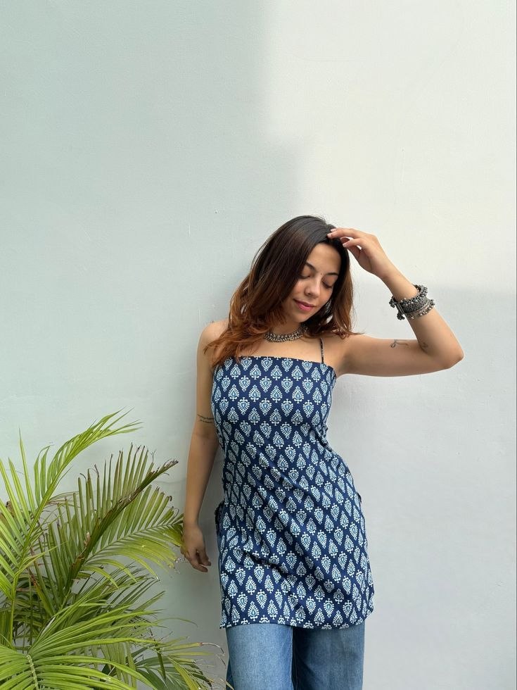 Indigo Block Print Cotton Sleeveless Kurti DresS