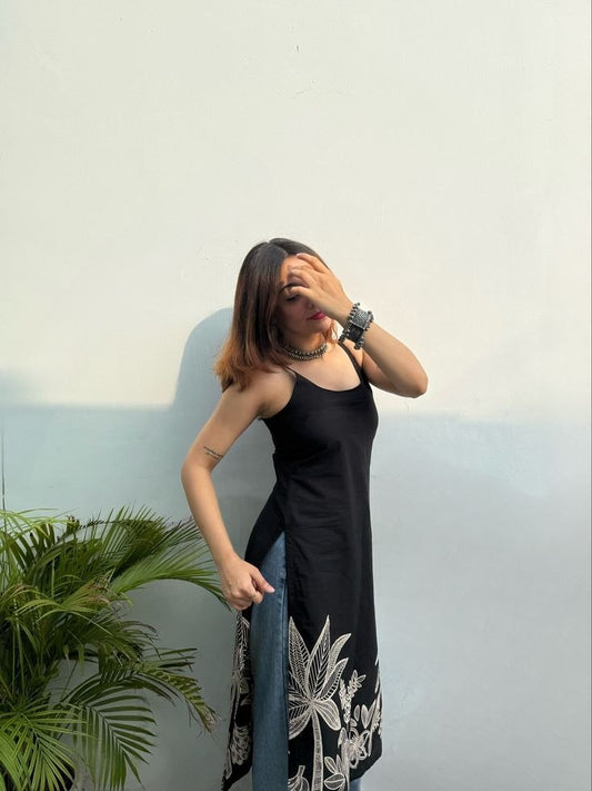 Black Printed Sleeveless Long Top with Floral Border