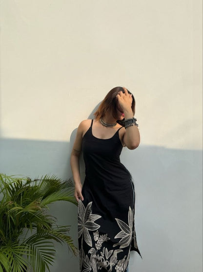 Black Printed Sleeveless Long Top with Floral Border