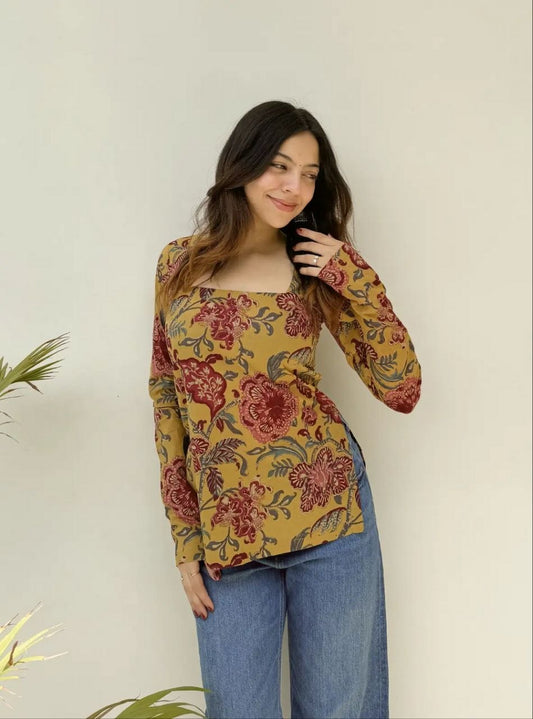 Floral Square Neck Full Sleeve Women’s Top