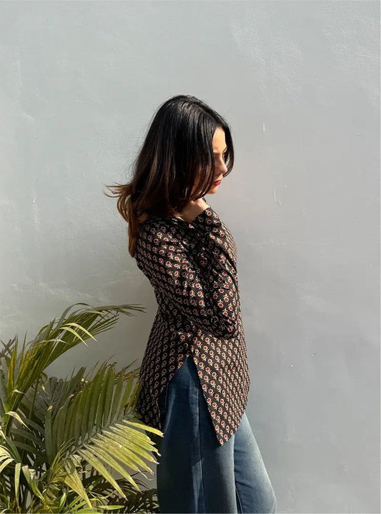 Floral Square Neck Printed Full Sleeve Top – Black