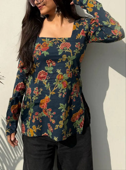Navy Blue Floral Printed Women’s Kurti