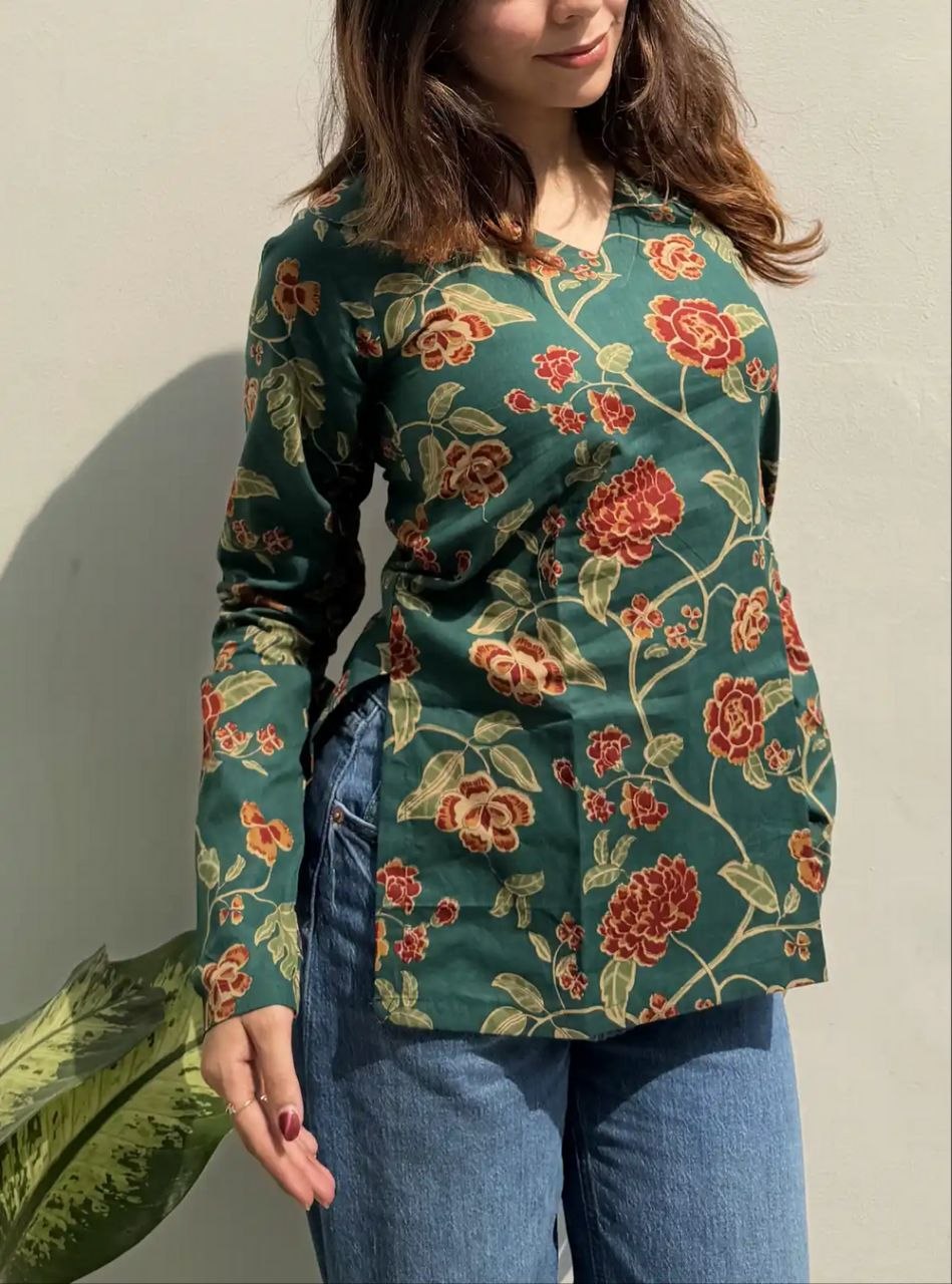 Emerald Green Floral Printed Women’s Kurti