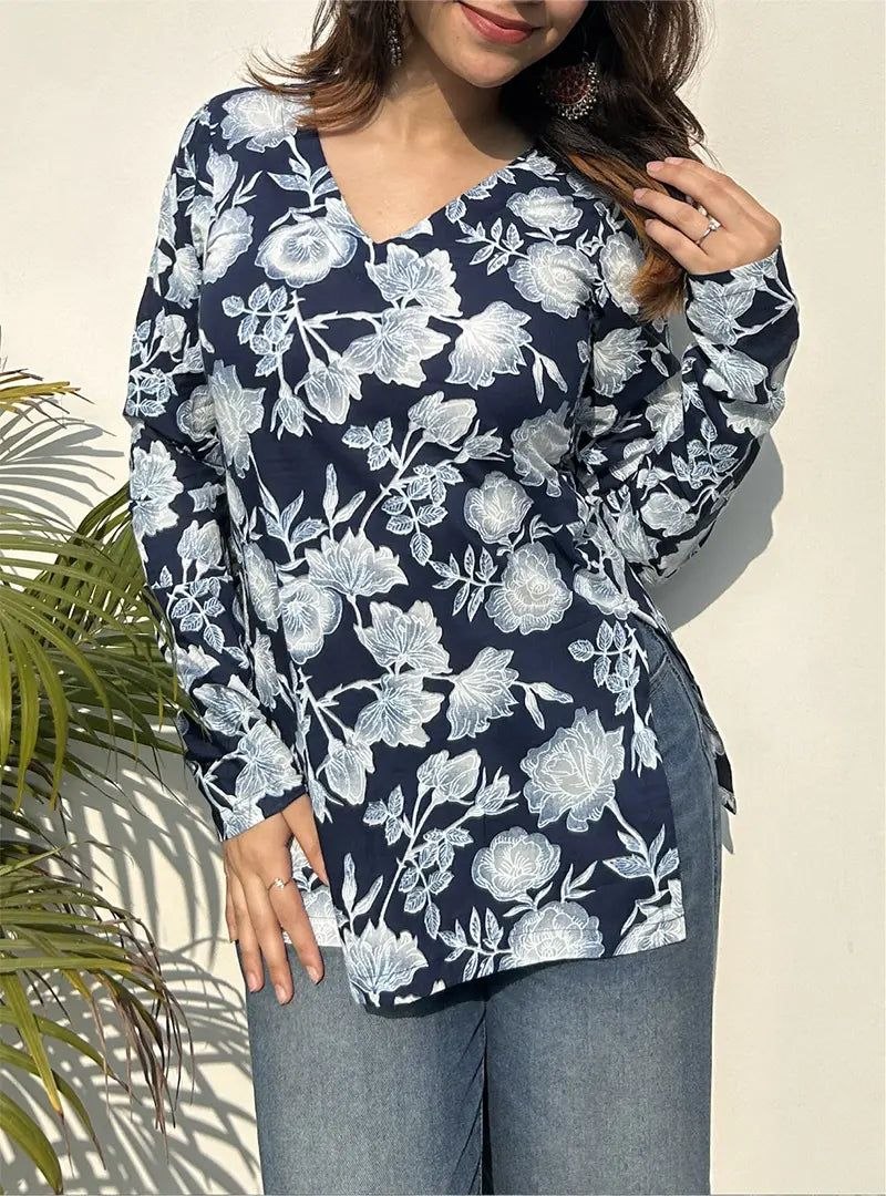 Navy Blue Floral Printed Women’s Kurti