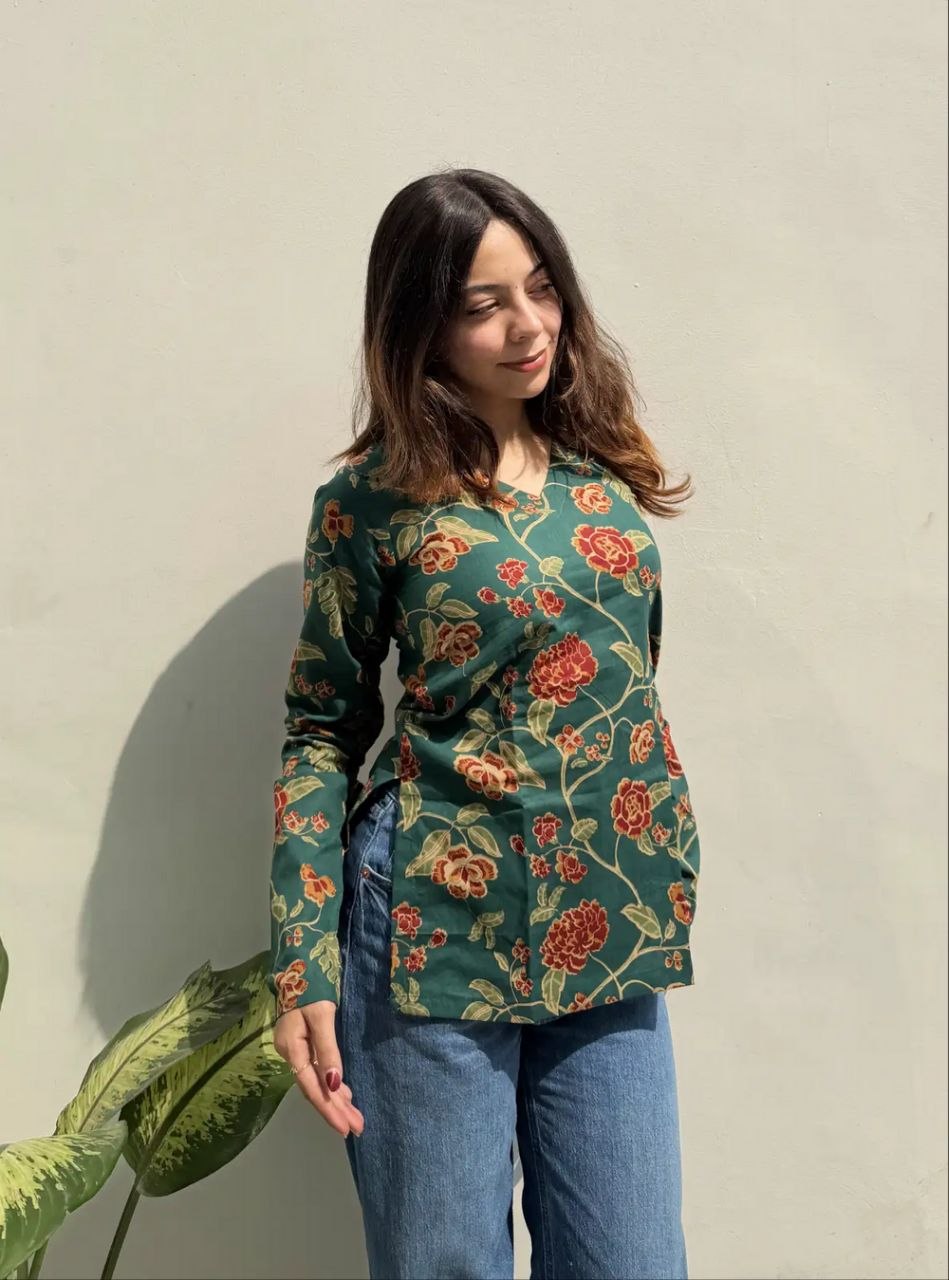 Emerald Green Floral Printed Women’s Kurti